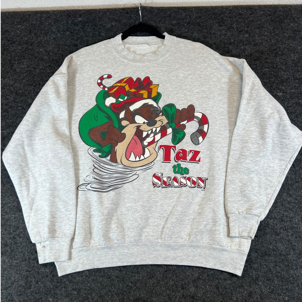 Vintage 90s Looney Tunes Taz the Season Christmas Sweatshirt Gray Mens XL